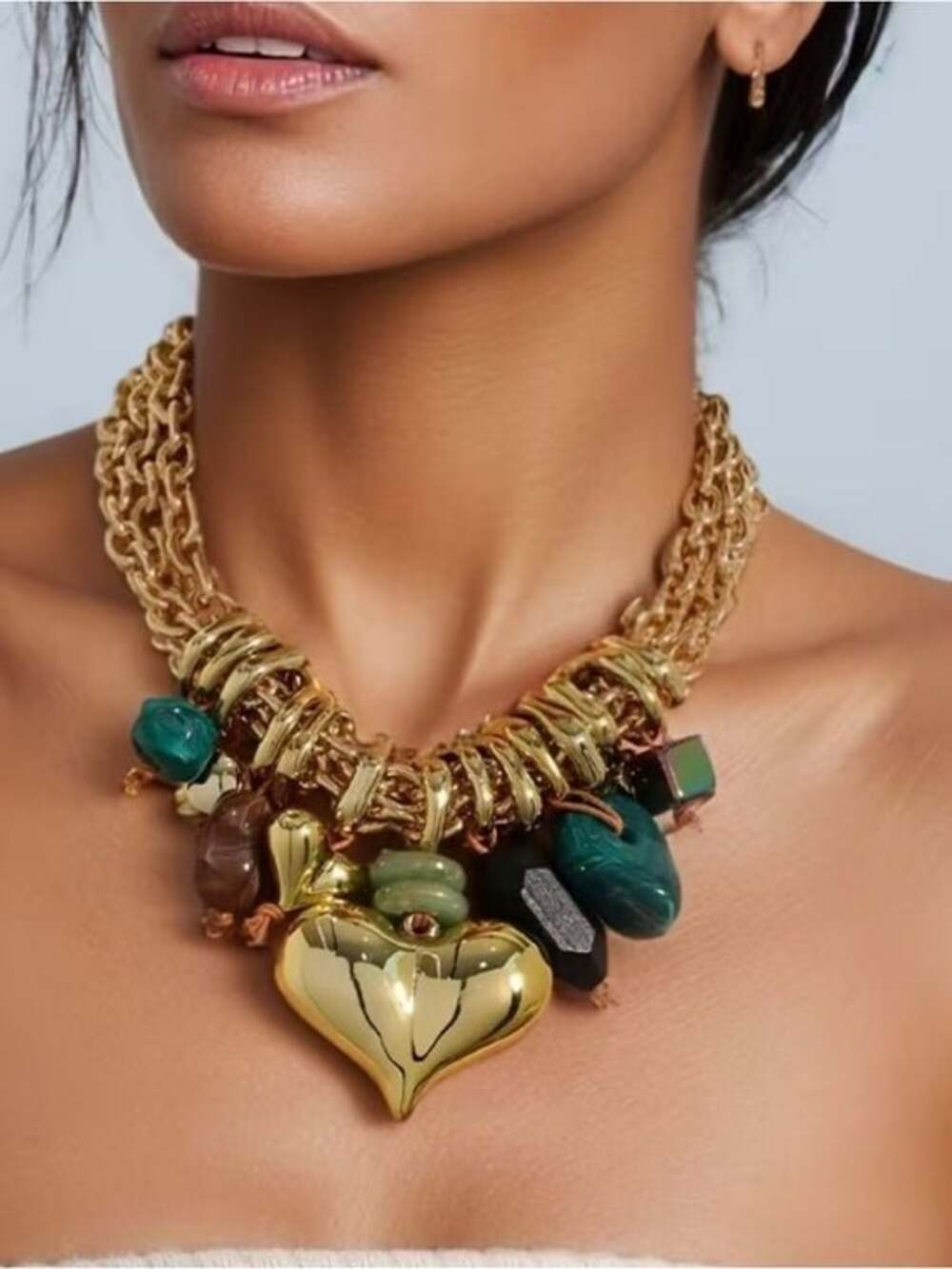 Gorgeous Heart Charm Gold Necklace Green Stones - Women Jewelry Luxe